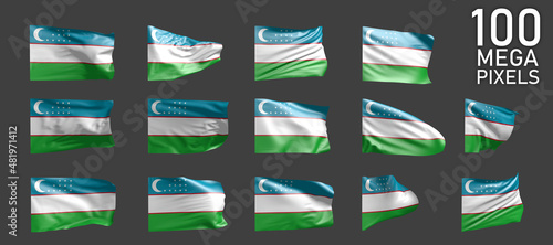 a lot of different realistic renders of Uzbekistan flag isolated on grey background - 3D illustration of object