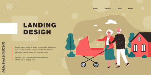Grandparents walking with stroller in courtyard of house. Flat vector illustration. Elderly man and woman walking with their newborn grandson or granddaughter. Family, childhood, rest, care concept