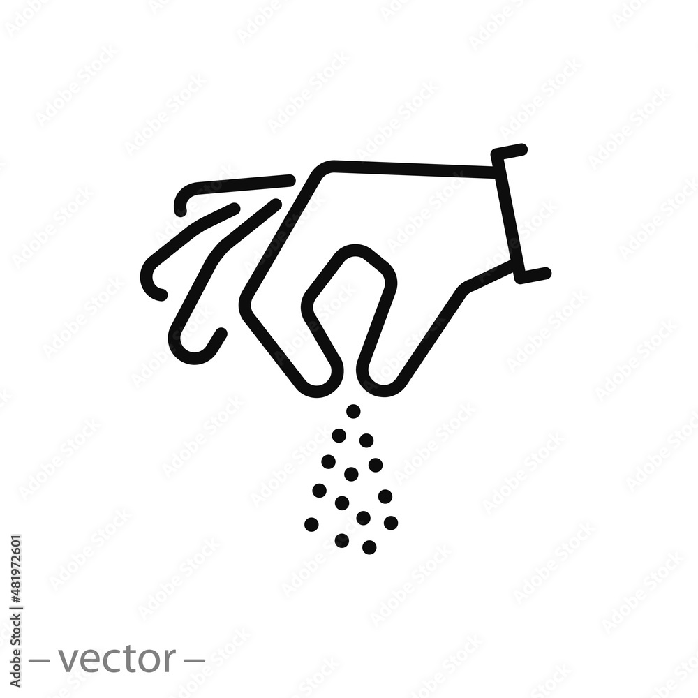 salt or spice pinch icon, hand sprinkle, chef cooking, thin line symbol on white background - editable stroke vector illustration eps10 salt or spice pinch icon, hand sprinkle, chef cooking, thin line symbol on white background - editable stroke vector illustration eps10