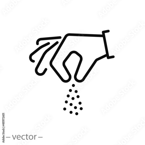 salt or spice pinch icon, hand sprinkle, chef cooking, thin line symbol on white background - editable stroke vector illustration eps10