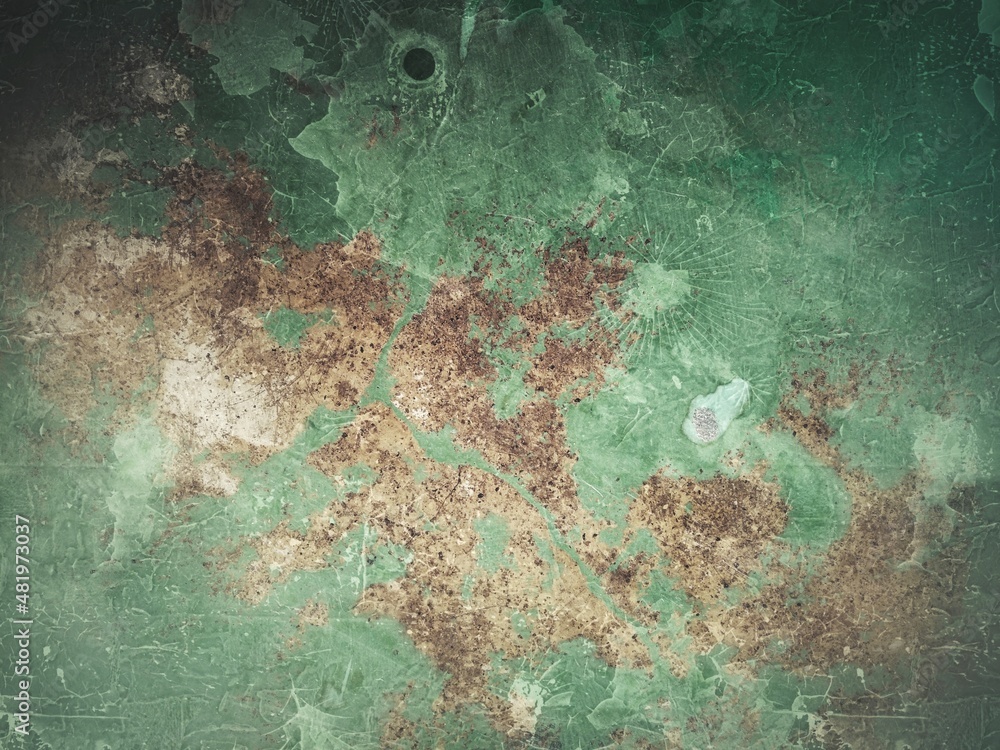 Green surface of the corridor, it is scratched, peeled off, becomes rough, stains, spots and rust.