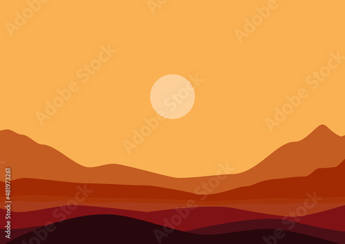 Sunny day in the mountains and foothills. Landscape for landing page, magazine banner or poster. Vector illustration.