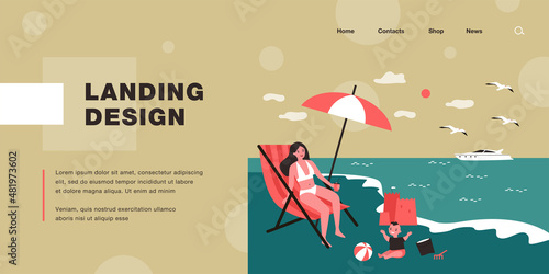 Single mother relaxing on beach with son. Woman sitting on chair, child playing with ball, sand castle flat vector illustration. Vacation, family concept for banner, website design or landing web page