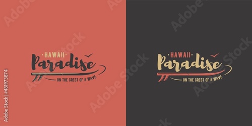 Surf board for surfing. Graphic surfboard of summer tropical hawaii for surf print of surfer