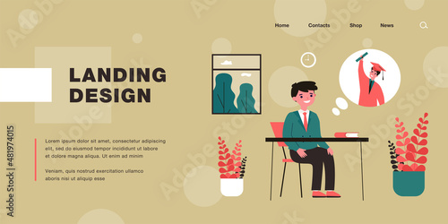 Pupil thinking of graduating from university. Boy in school uniform daydreaming in class flat vector illustration. School, graduation, education concept for banner, website design or landing web page