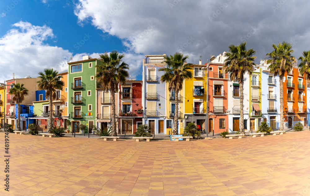 panorama view of the colorful houses on the beach in the historic old town of Villajoyosa