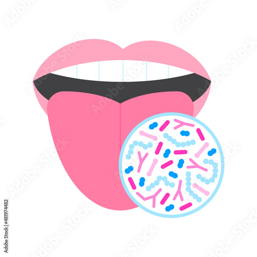 Oral microbiome. Healthy probiotic bacteria in human mouth. Tooth and tongue microbiota - lactobacillus, streprococcus.