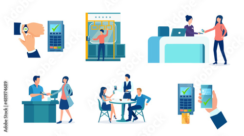 Vector set people paying for services with smartphones or smart watches. Digital wallet and modern tech concept