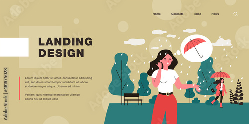 Cartoon woman standing in rain without umbrella. Girls with and without umbrella in park in rainy weather flat vector illustration. Meteorology, protection concept for banner or landing web page