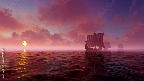 Sailing boats of the Vikings glide smoothly over the water surface in the light morning mist.
