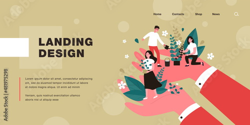 Giant cartoon hands holding people with potted plants. Man and woman watering flower flat vector illustration. Gardening, ecology, nature concept for banner, website design or landing web page