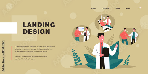 Cartoon dentist giving patient dental treatment. Dental checkup at clinic or hospital, oral hygiene flat vector illustration. Dentistry, medicine concept for banner, website design or landing web page