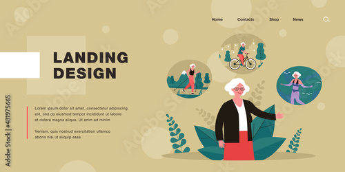 Elderly woman Nordic walking, riding bicycle and swimming. Old lady with active and happy life flat vector illustration. Healthy lifestyle, sports concept for banner, website design or landing page