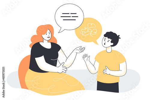 Cartoon pathologist correcting speech of child. Therapist teaching kid basic language skills flat vector illustration. Language, development, education concept for banner or landing web page