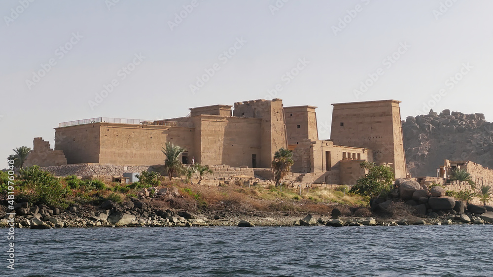 View from the river Nile at the Philae Temple in Aswan, Egypt