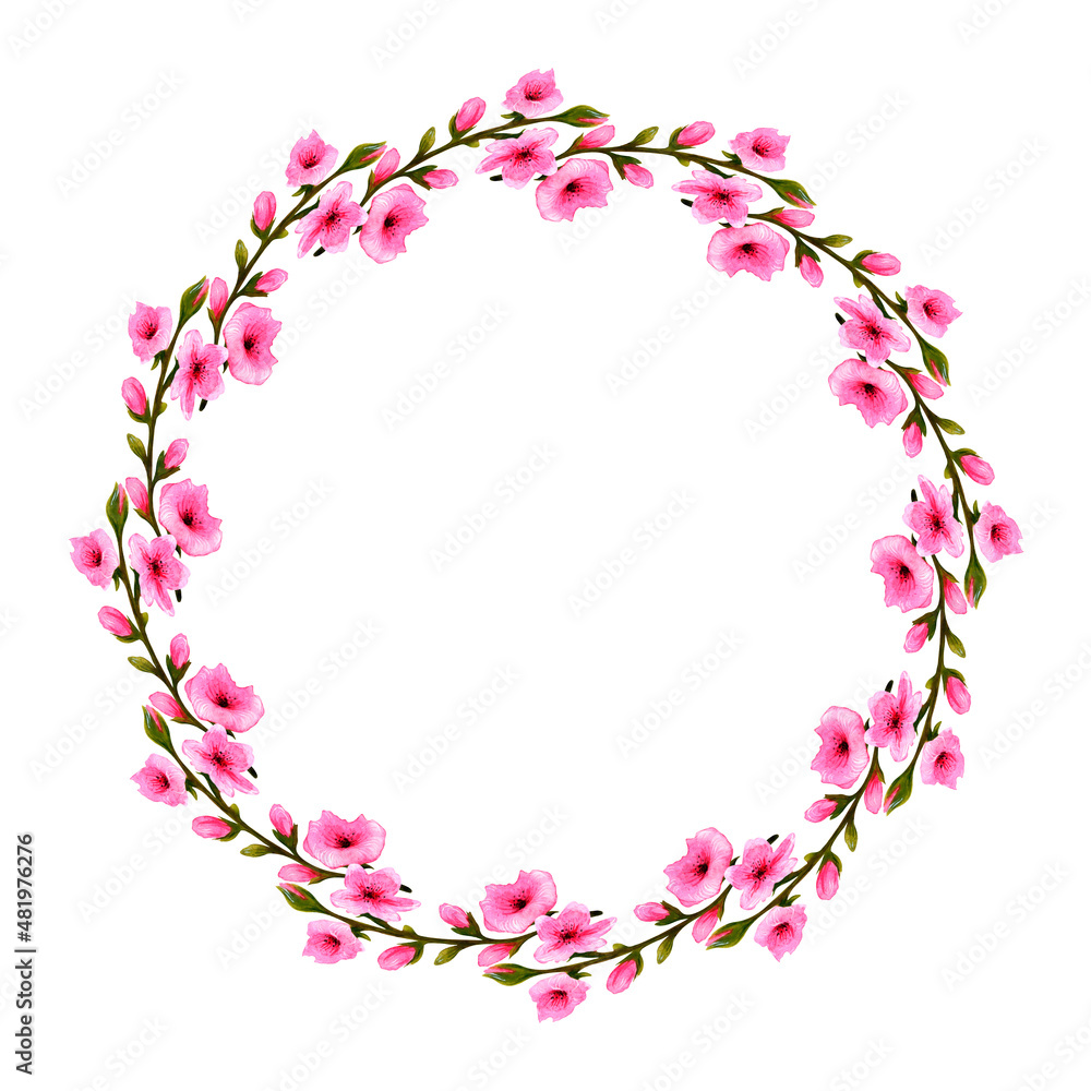 watercolor wreath of twigs with pink flowers isolated on white background.