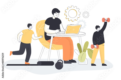 Tiny businessmen exercising with office worker in background. Business persons doing exercises or sports at work flat vector illustration. Healthy lifestyle concept for banner or landing web page