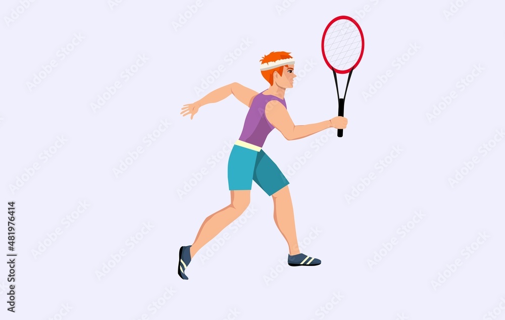 A professional tennis player with racket in hands  isolated on white. Vector illustration of team sports