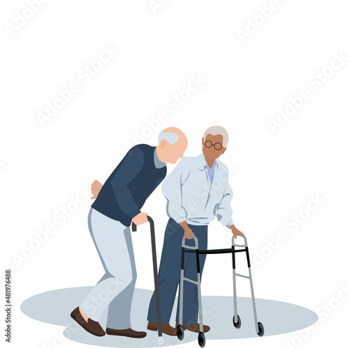Senior two gentleman with silver hair walking by stick and walking aids .Old age couple man talking. Elderly couple walking by cane. Grandfather standing by cane be happy.Vector isolate flat design