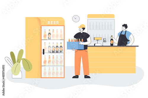 Deliveryman holding crate of fresh beer in shop. Courier carrying box with bottles of alcoholic drink, man at counter flat vector illustration. Alcohol, delivery concept for banner or landing web page