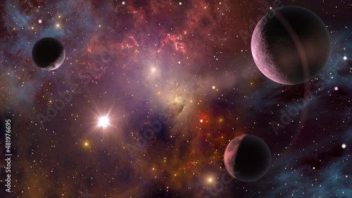 Space journey slowly flying through universe among planets galaxies stars and nebulae