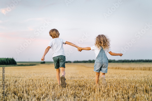 Happy and free people, children run through the beveled field of wheat, people from behind