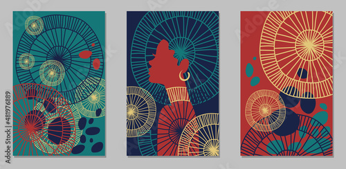 Set of abstract posters with black woman and African motifs. Flat design in dark colors, blue, emerald, red and beige. Vector backgrounds for print, cover and wall art.