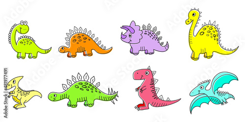 Nice funny doddle dinosaur set collection for textile  wallpaper  prints  fabric  clothes for children. Vector illustration. 