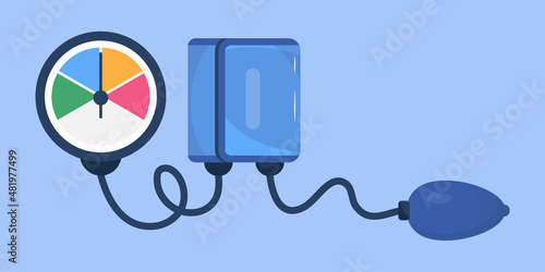 Hypertensive crisis and sphygmomanometer vector. Hypotension and hypertension disease treatment.