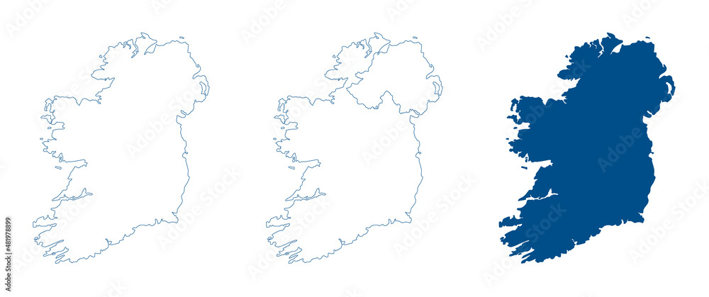 Ireland map. Republic of Ireland and Northern Ireland. Detailed blue outline and silhouette. Set of vector maps. All isolated on white background. Template for design and infographics.