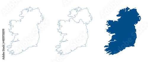 Ireland map. Republic of Ireland and Northern Ireland. Detailed blue outline and silhouette. Set of vector maps. All isolated on white background. Template for design and infographics.