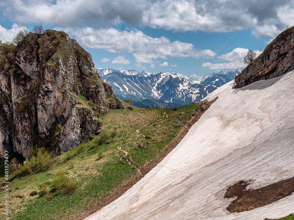 North Caucasus. Caucasian nature reserve. Lago-Naki Plateau in spring. Instructor's mountain gorge pass. North Caucasus. Caucasian nature reserve. Lago-Naki Plateau in spring. Instructor's mountain gorge pass.