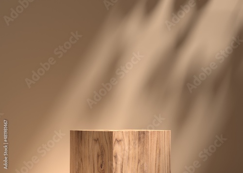 Fototapeta Naklejka Na Ścianę i Meble -  Modern wood pedestal or podium for product showcase. Boxe shape pedestal. Beige background. Empty stage. 3d render illustration