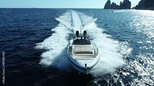 aerial view luxury motor boat in navigation