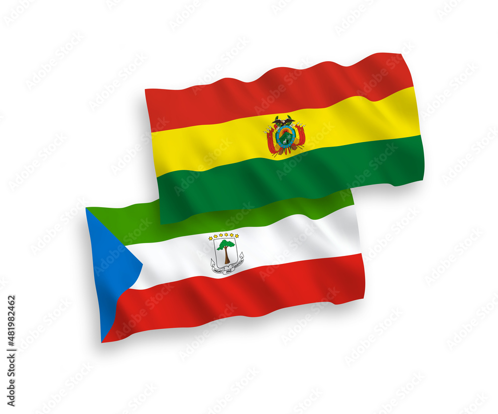 National vector fabric wave flags of Republic of Equatorial Guinea and Bolivia isolated on white background. 1 to 2 proportion. National vector fabric wave flags of Republic of Equatorial Guinea and Bolivia isolated on white background. 1 to 2 proportion.