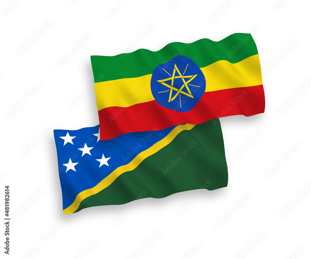 National vector fabric wave flags of Solomon Islands and Ethiopia isolated on white background. 1 to 2 proportion.