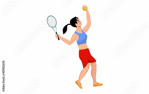 A professional tennis player with racket in hands redy to strike a ball isolated on white. Vector illustration of team sports