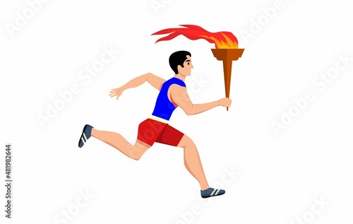 Olympic game runner man runs with torch in his hand side vew vector
