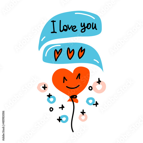 Speech bubbles with hearts, Lettering I Love You and air balloon in shape of heart . Internet talk, chat, decoration. Valentines Day Doodle, Hand drawn, line art and flat vector for web, card, sticker