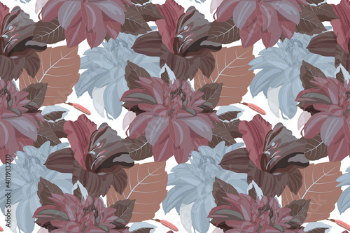 Vector floral seamless pattern. Dahlias and lilies in navi blue, chocolate and burgundy colors.