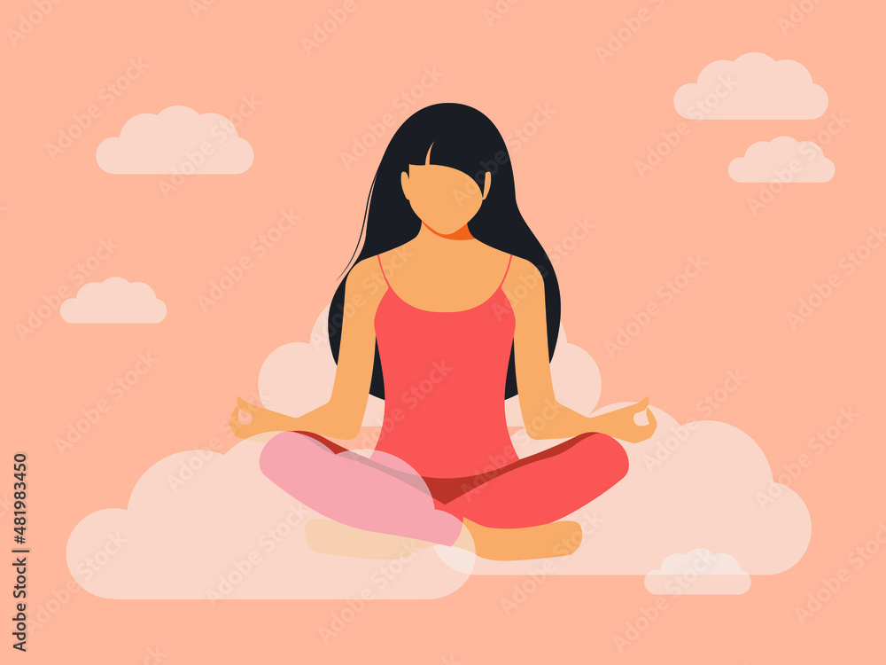 A woman sitting in a lotus position meditates while doing yoga. Mental health concept. The girl clears her thoughts and feels light as if she is in the clouds. Delicate pink dreamy sky poster. Vector.