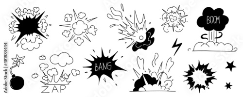 Comic explosion set. Bomb explosion, meteorite fall, smoke cloud and fire flash. Atomic boom or dynamite detonation, black elements doodle style, vector cartoon hand drawn isolated illustration