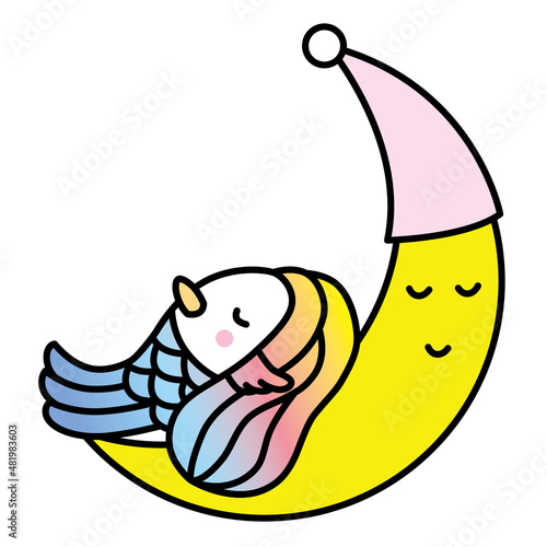 伝説的な日本の精霊「アマビエ」です。
月の上で、かわいい「アマビエ」が、眠っています。
キャラクターのベクターイラスト。
病気が広がったら、病気になった人のイラストを見せれば治ります。
疫病退散。