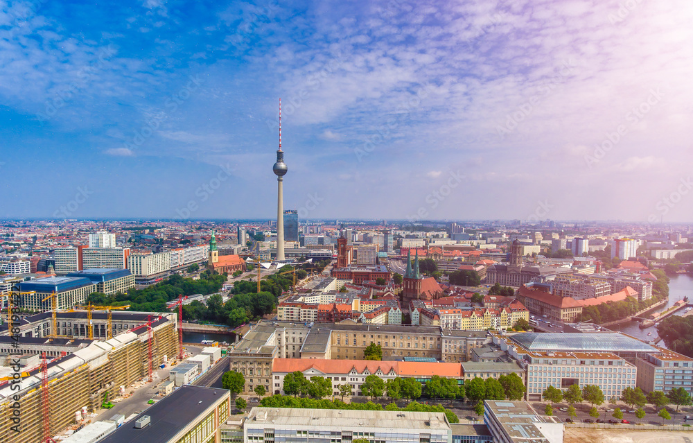 Aerial view of Berlin cityscape from drone, Germany.