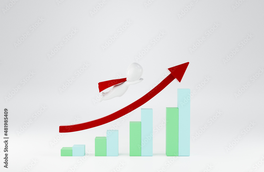 3d illustration of a stickman flying on a graph