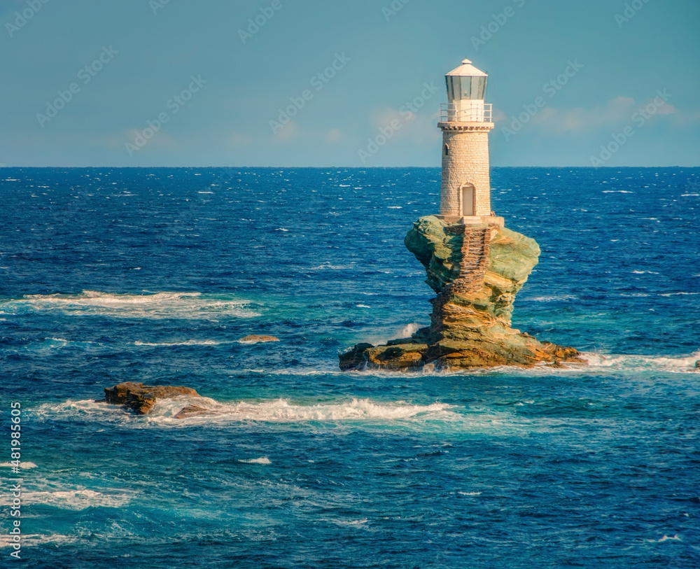 tourlitis lighthouse, Andros (chora) island, cyclades. Greece 