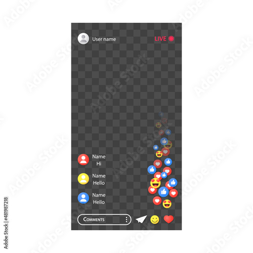 The concept of live broadcasting in social networks on a smartphone. Mobile app video chat interface template isolated on white background.