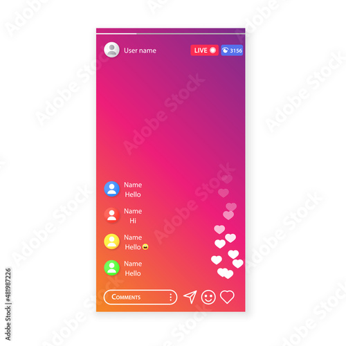 The concept of live broadcasting in social networks on a smartphone. Mobile app video chat interface template isolated on white background.