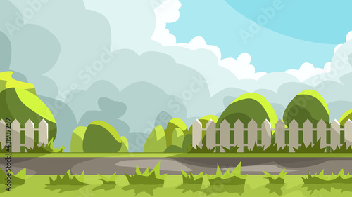green nature sidewalk cartoon style cloudy weather