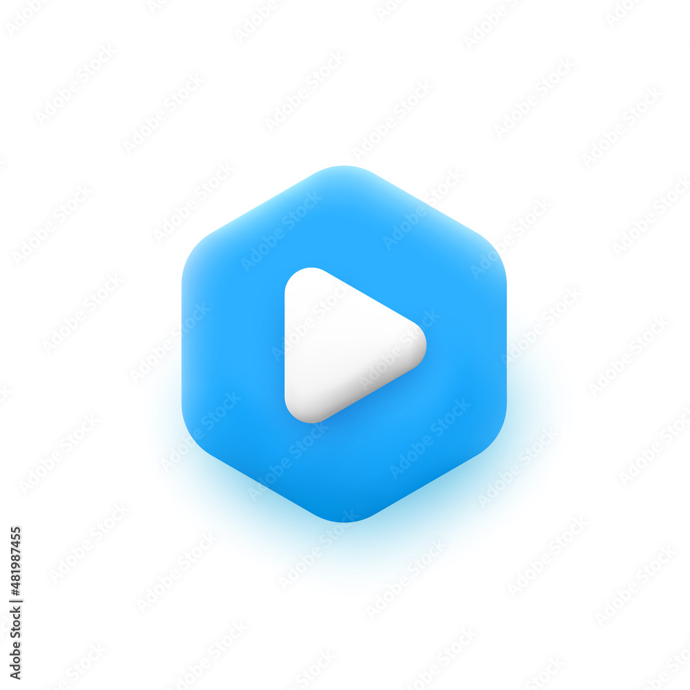Blue hexagonal play button in 3d minimal cartoon style. Vector illustration. Blue hexagonal play button in 3d minimal cartoon style. Vector illustration.